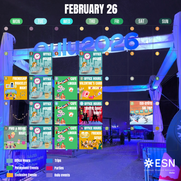 ESN Oulu event calendar for February 2026