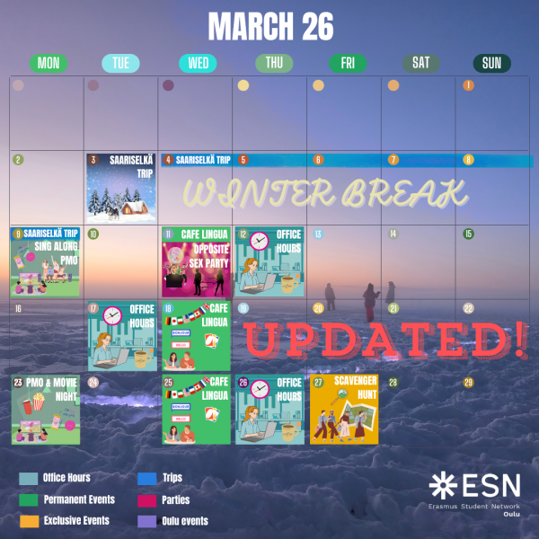 ESN Oulu event calendar March 2026